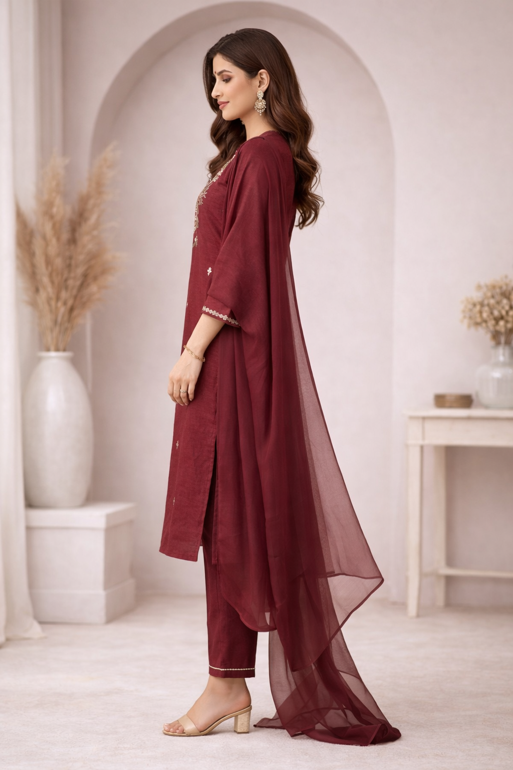 Maroon Floral Embroidered Kurta Pant Set with Dupatta