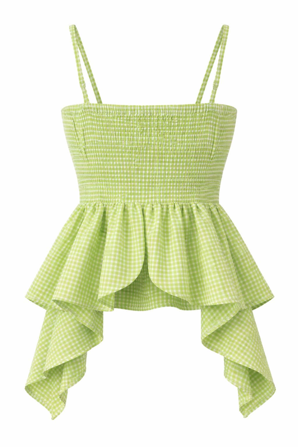 Women Lime Green Gingham Knot Strap Peplum Top