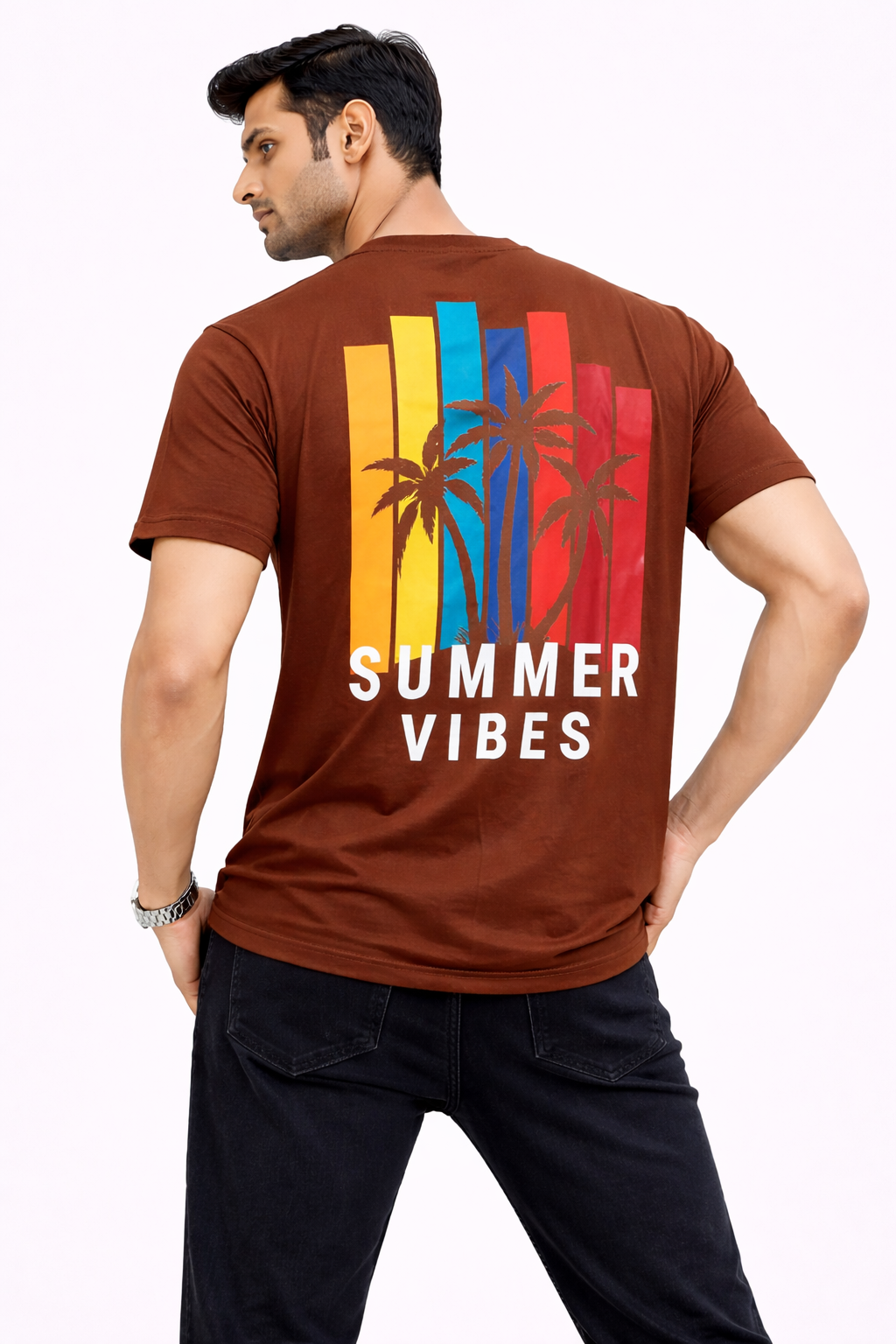 Men’s Brown Summer Vibes Palm Tree Graphic Oversized T-Shirt