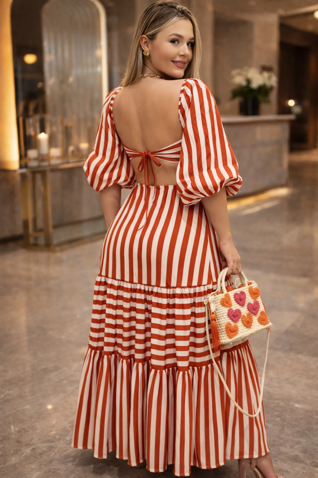 Red & White Stripe Sweetheart Neck Maxi Dress with Puff Sleeves