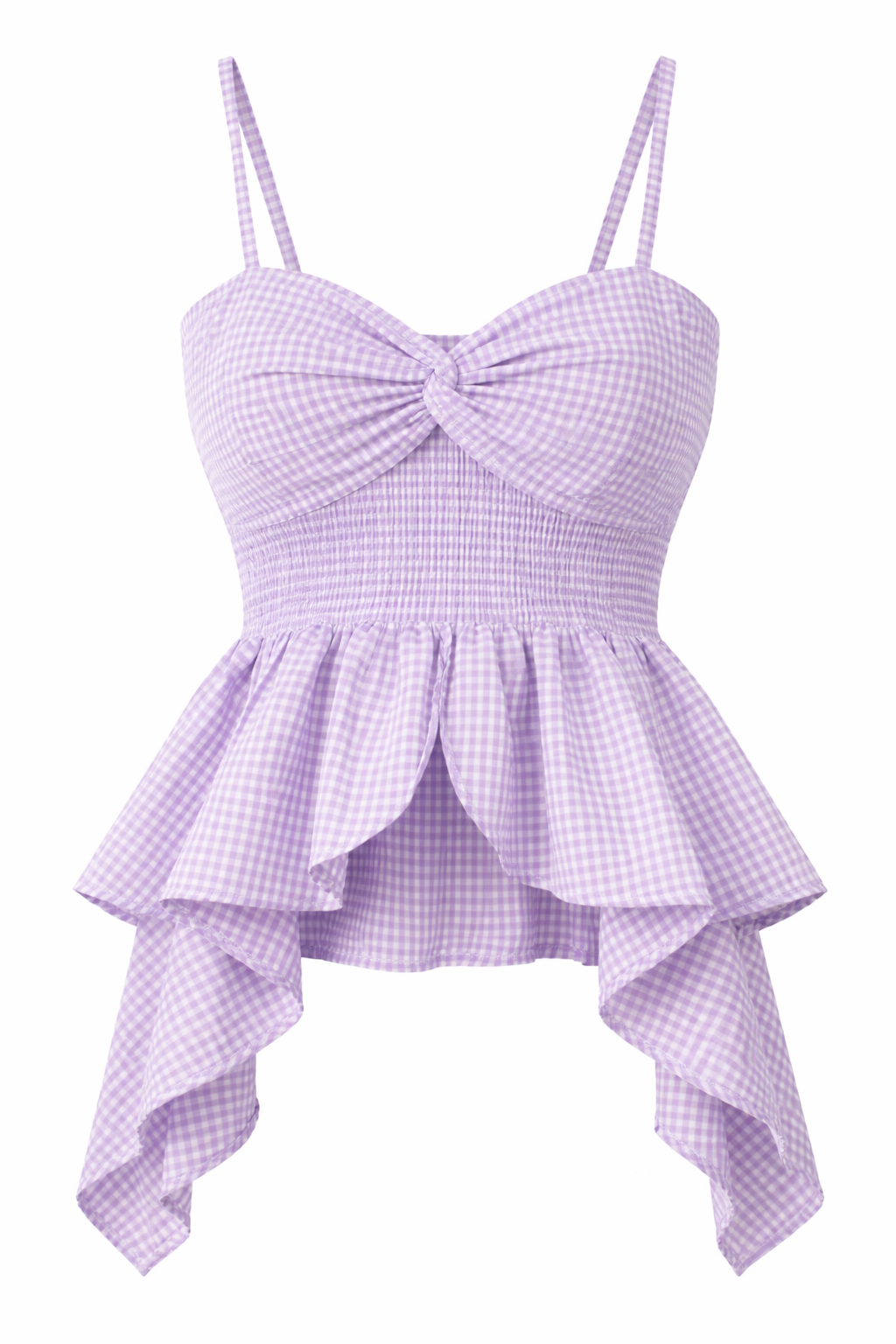 Women Lavender Gingham Knot Strap Peplum Top