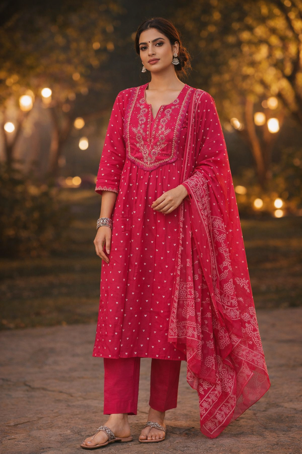 Rani Pink Embroidered Kurta Set with Elegant Dupatta
