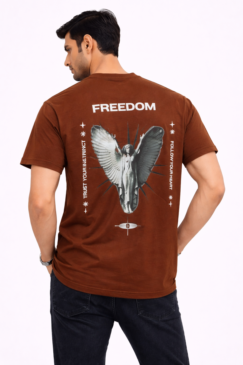 Men’s Brown Freedom Angel Graphic Printed Oversized T-Shirt
