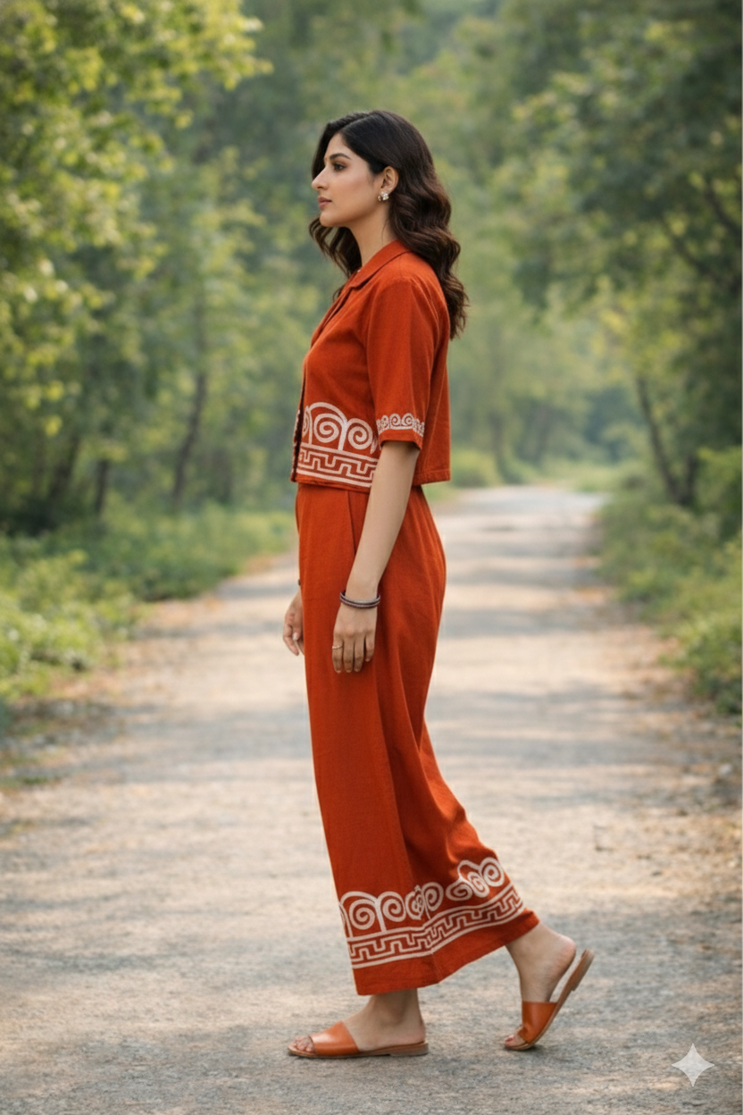 Rust Brown Linen Co-Ord Set with Crop Shirt & Wide-Leg Pants