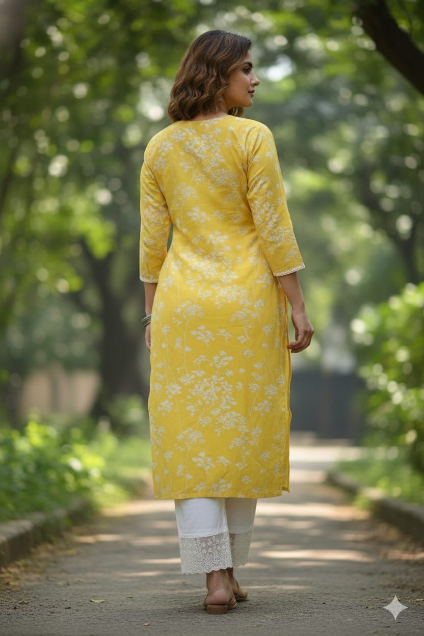 Sunshine Yellow Floral Chikankari Cotton Kurta Set