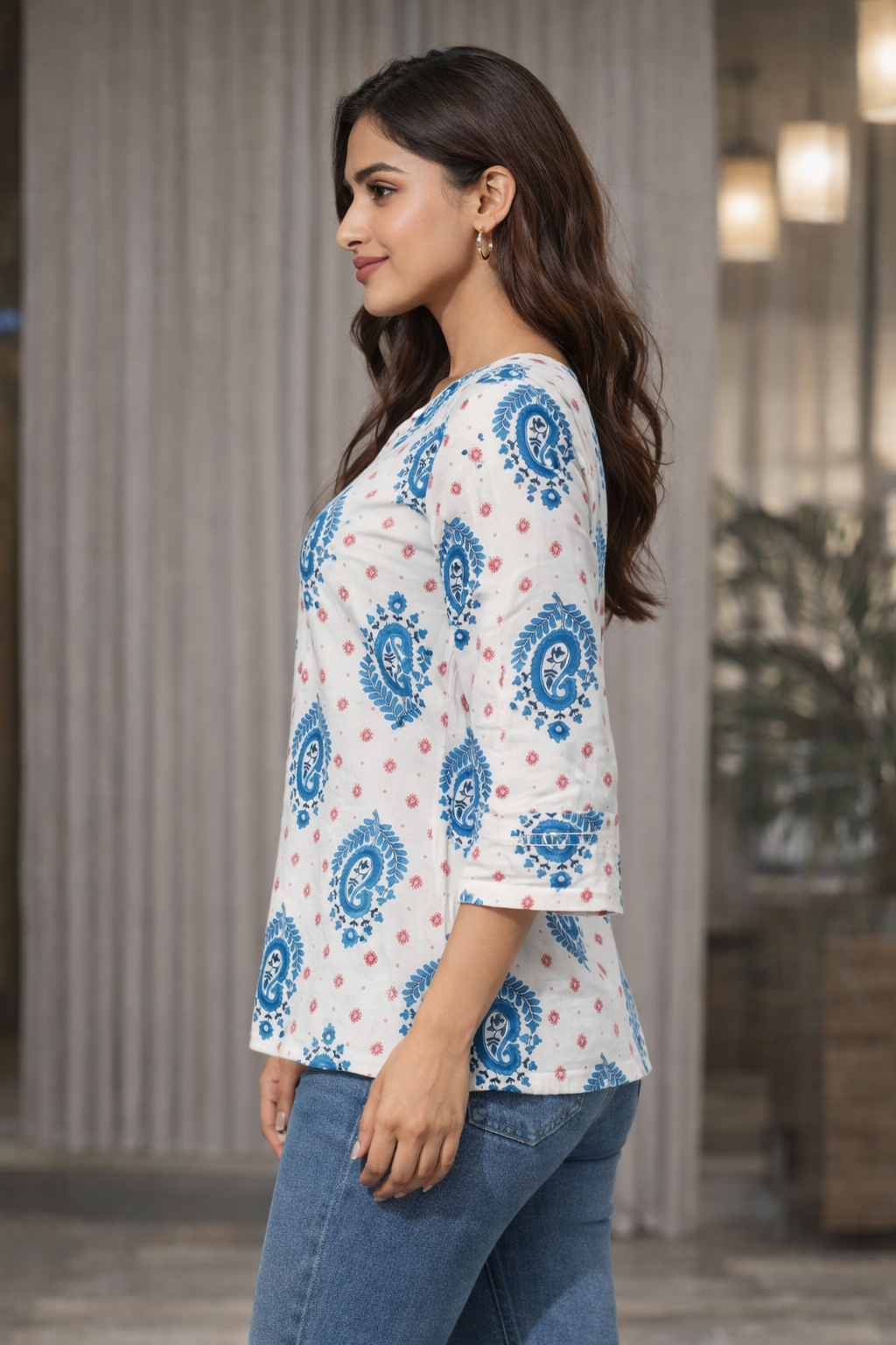 Women’s Printed Cotton Tunic Top – V-Neck, 3/4 Sleeve (White, Blue & Pink)