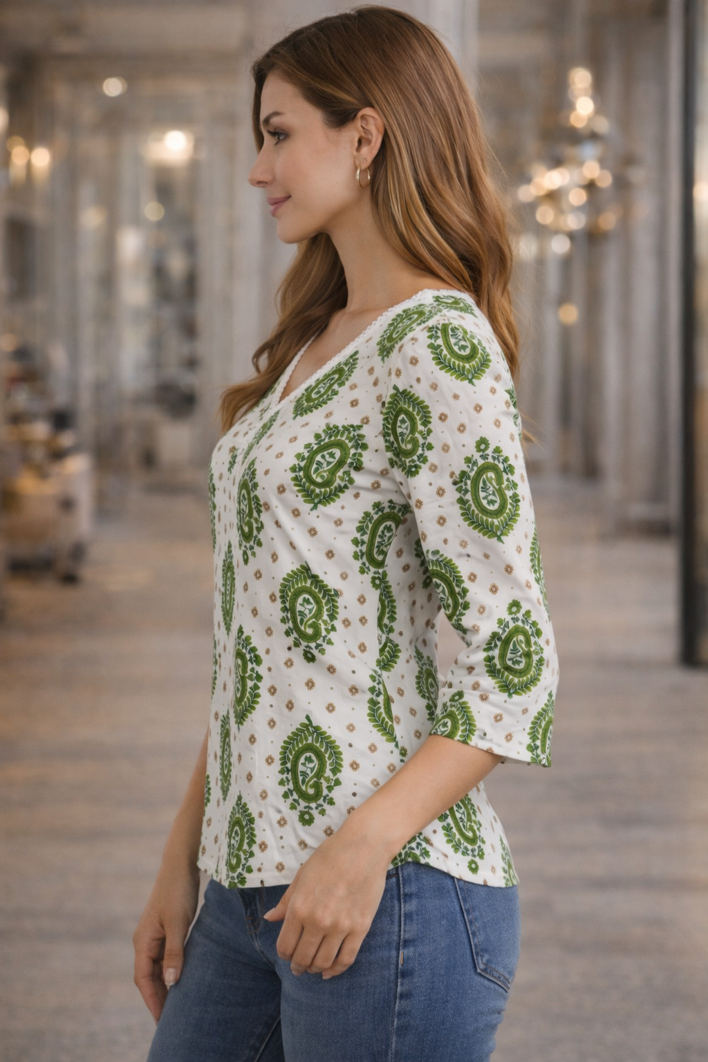 Women’s Printed Cotton Tunic Top – V-Neck, 3/4 Sleeve (White & Olive Green)
