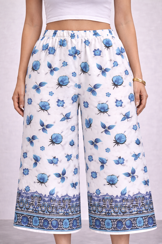 Women’s Blue Floral Printed Straight-Fit Casual Trousers