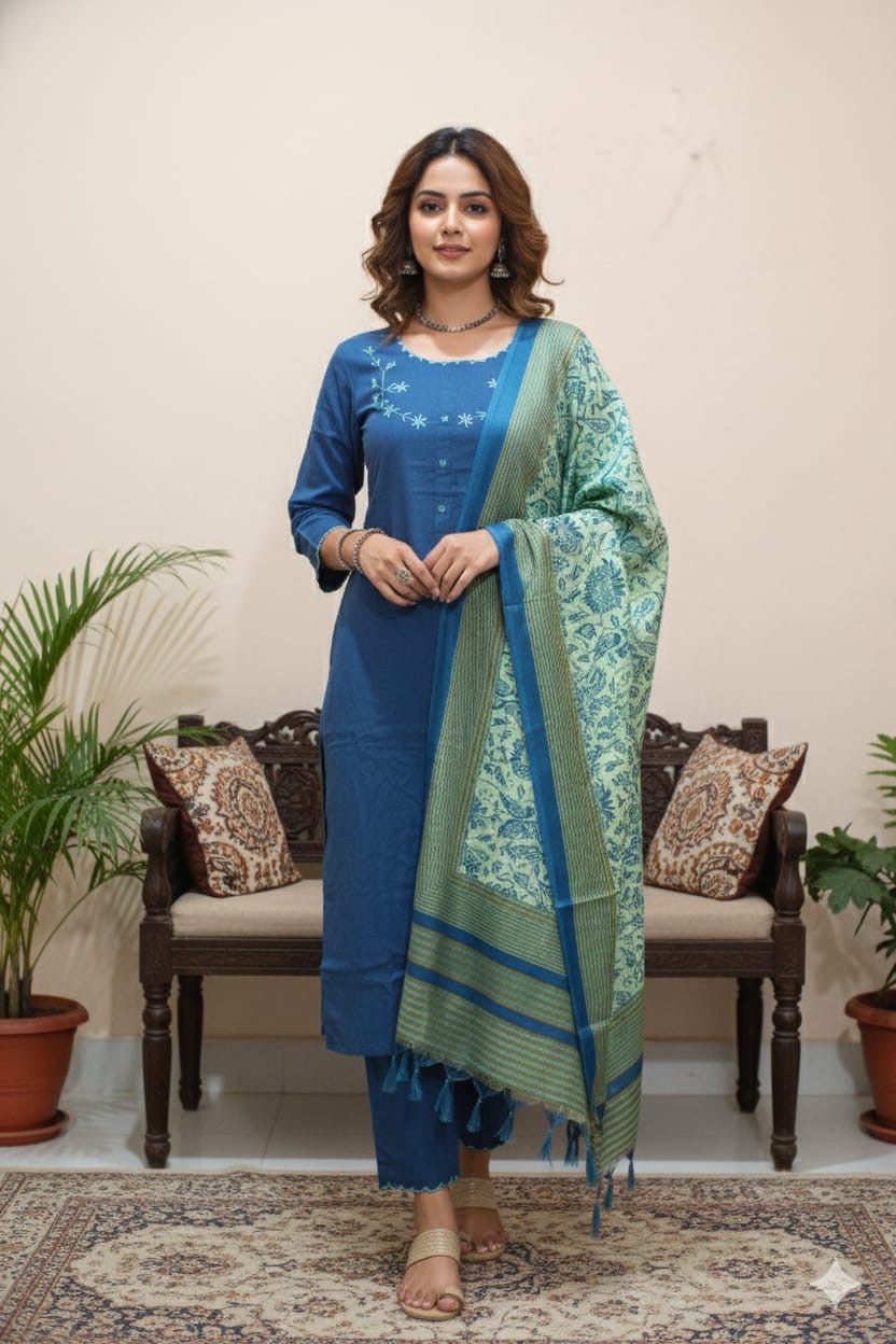 Teal Bloom Embroidered Kurta Set with Printed Dupatta