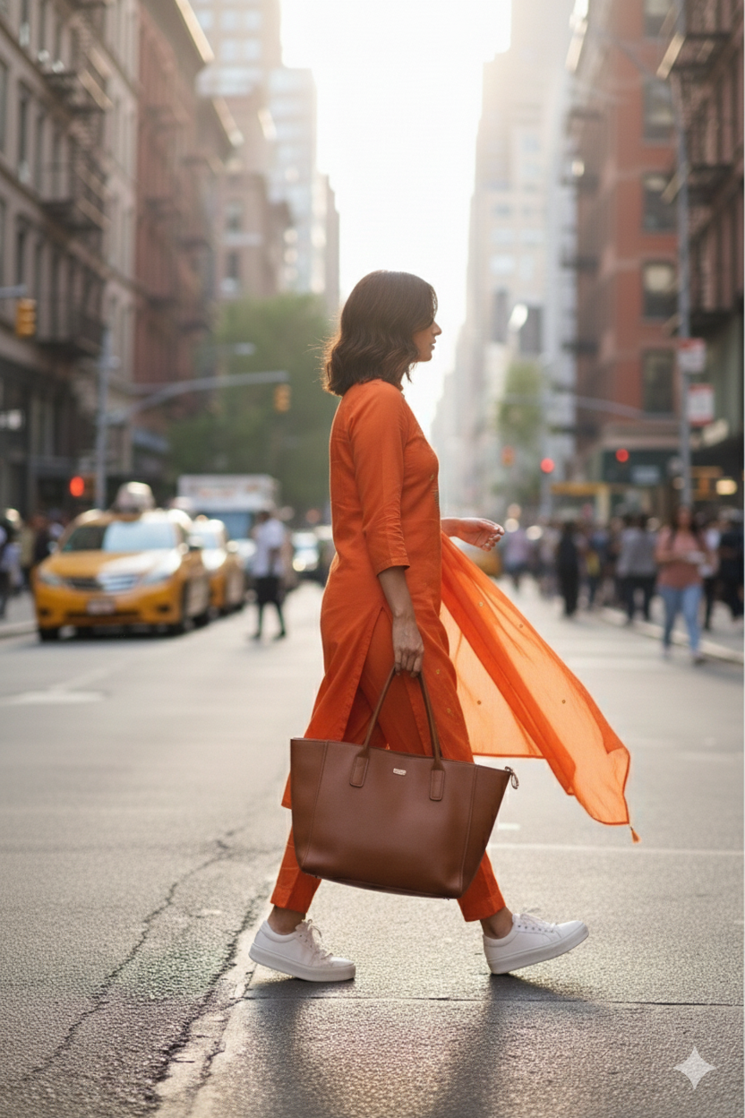 Sunset Orange Embroidered Kurta Set with Sheer Dupatta