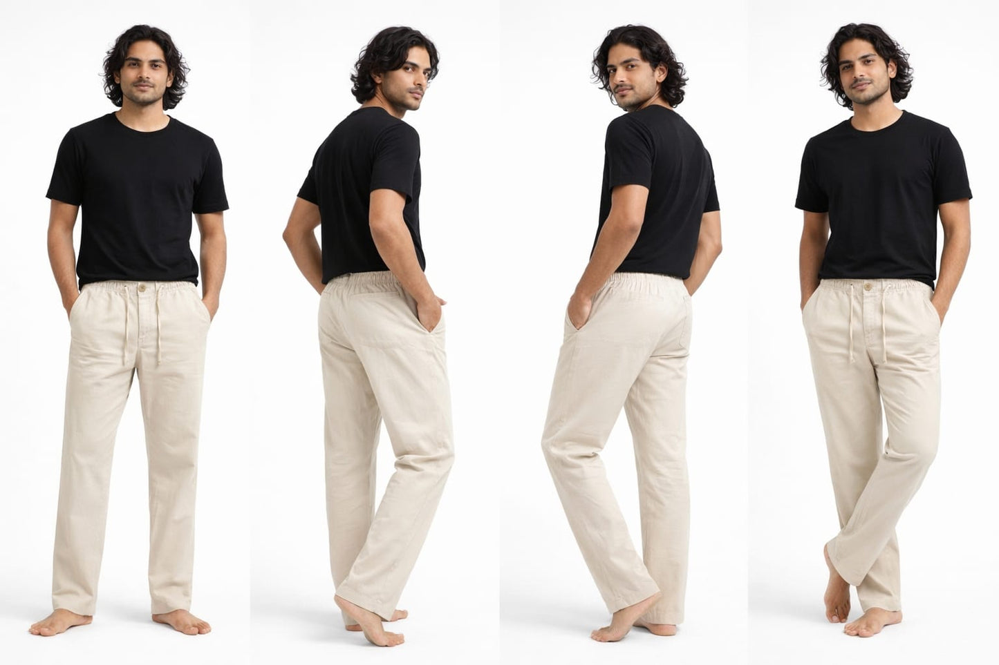 Men’s Linen Cotton Relaxed Fit Pants with Elastic Waist & Drawstring – Sand Beige