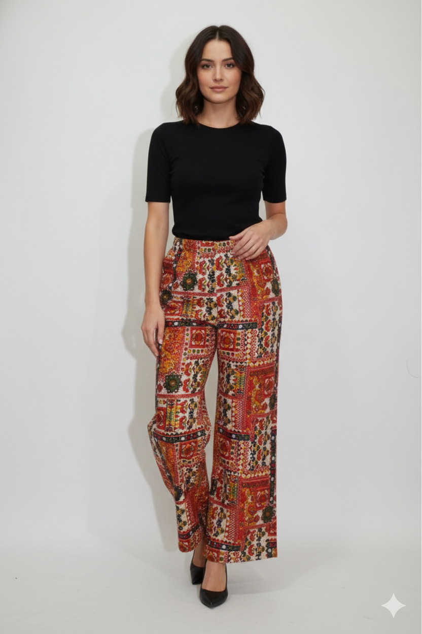 Women’s Red Multicolour Printed Straight-Fit Trousers (Olive green)