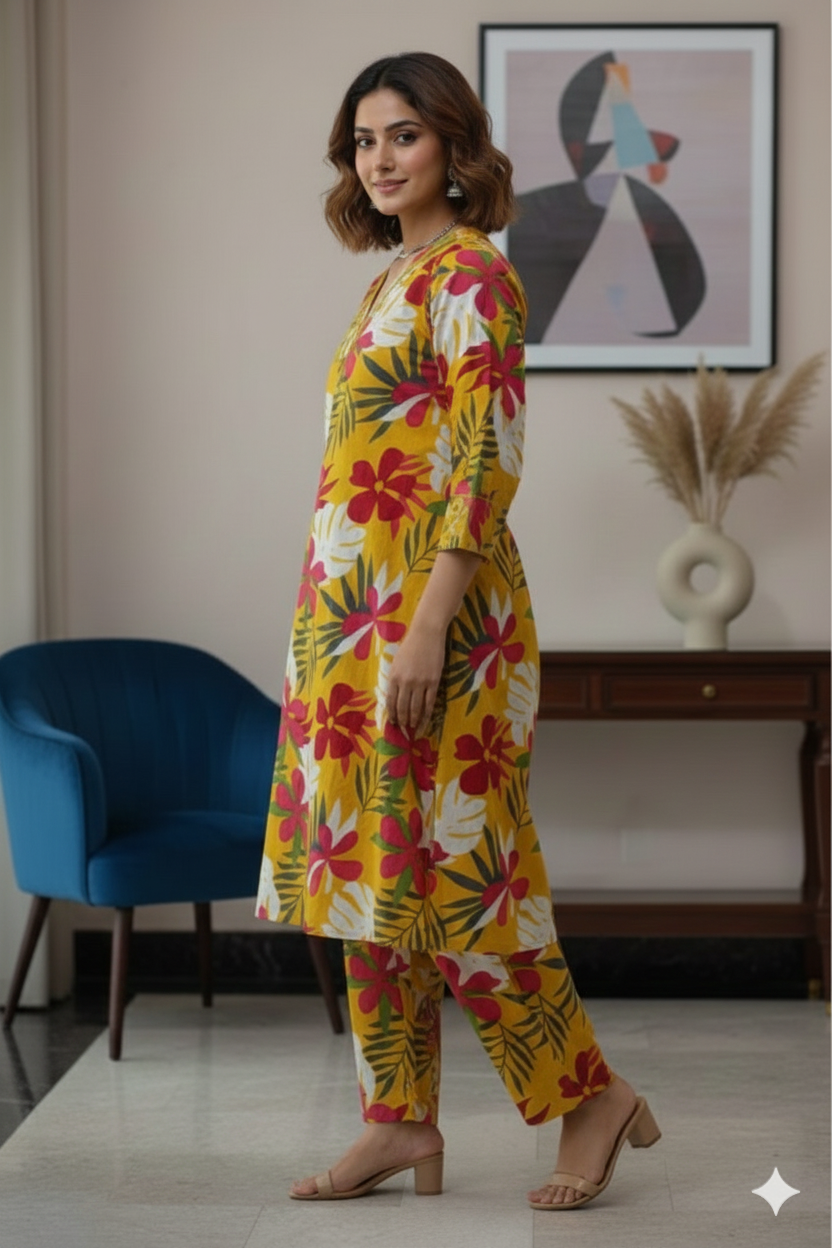 Radiant Yellow Cotton A-Line Co-ord Set with Side Floral Embroidery