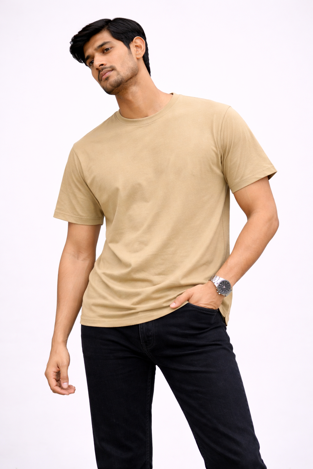 Listen Headphone Minimal Graphic T-Shirt – Back Print (Beige/Tan)