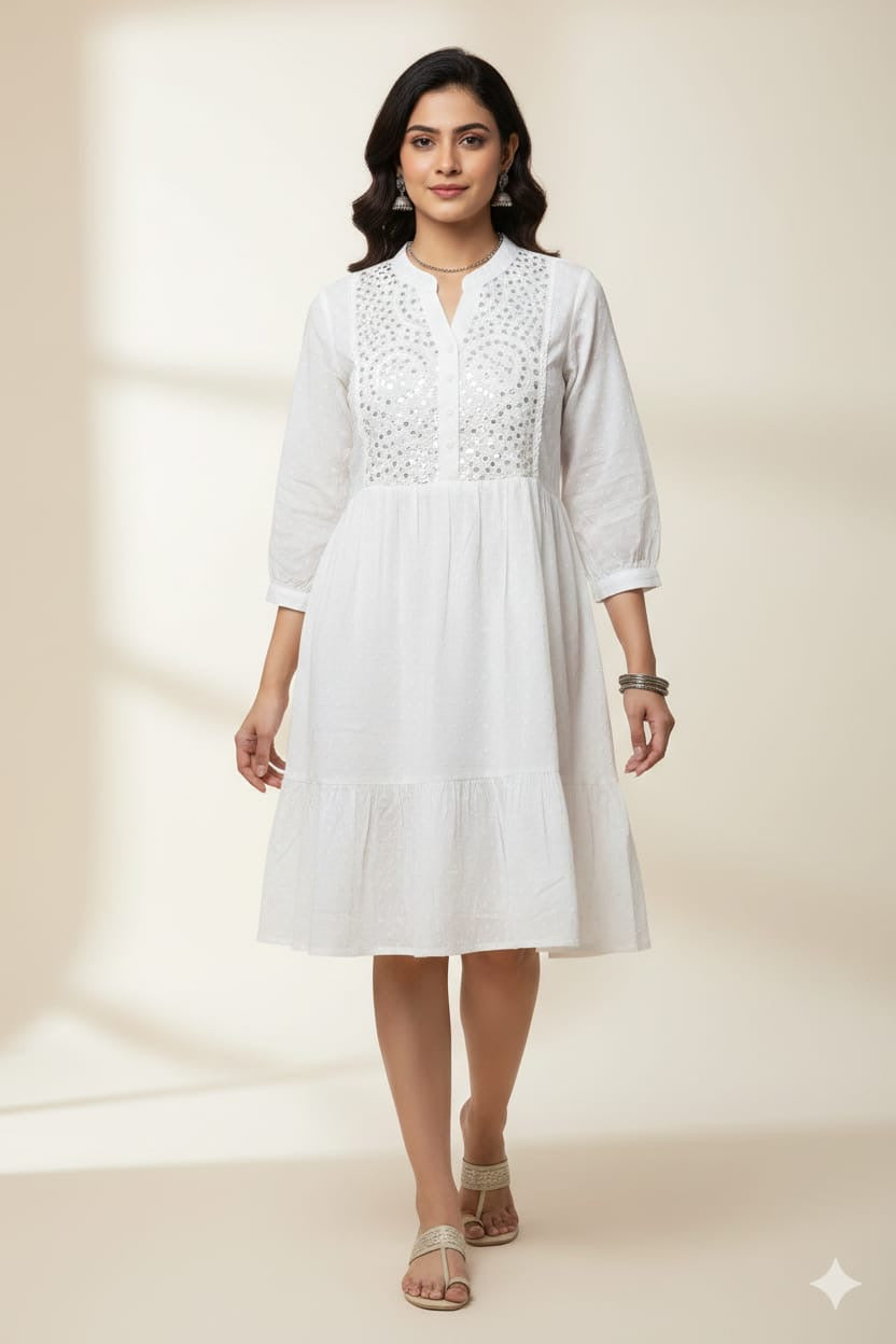 White Chikankari Embroidered Midi Kurti Dress