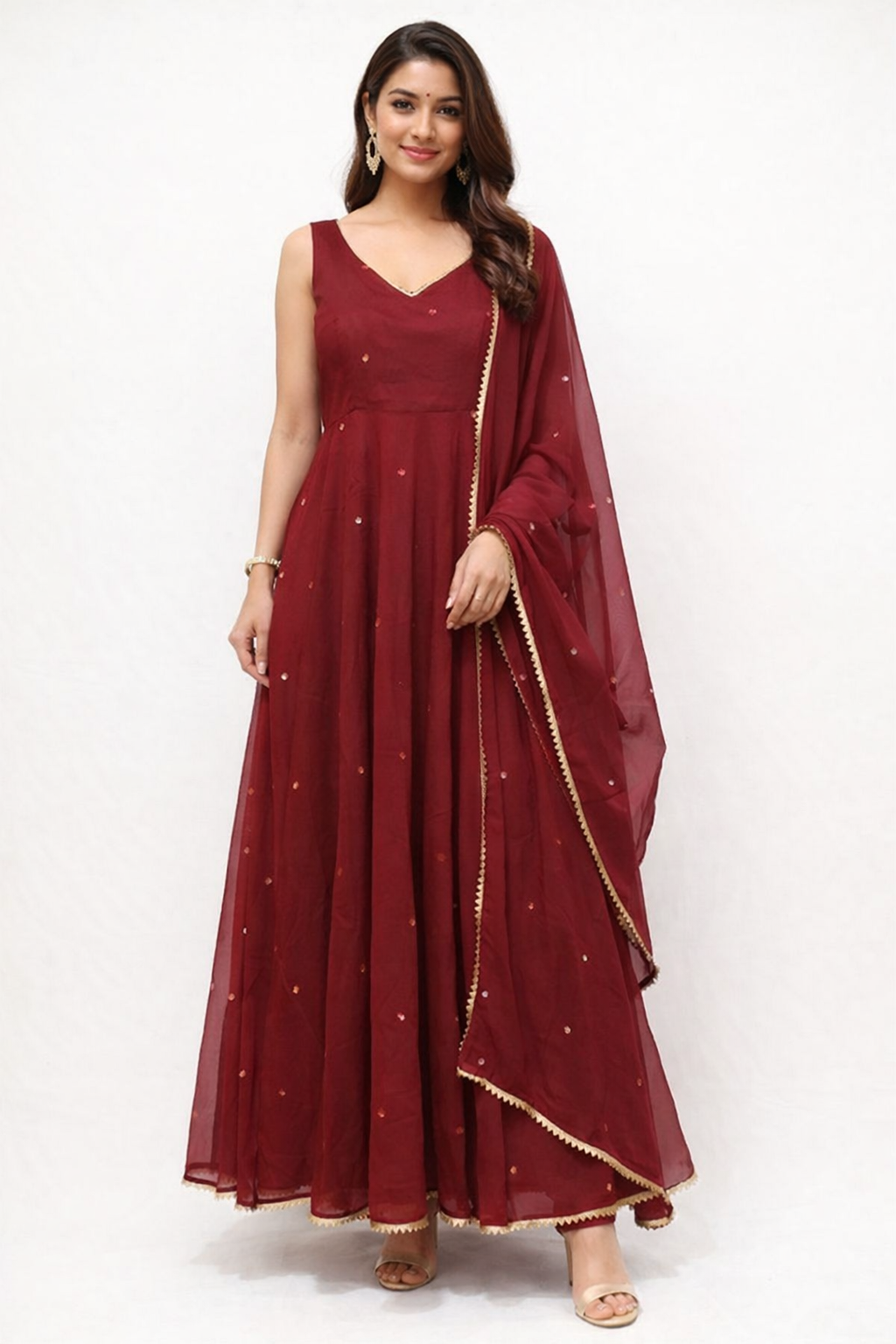 Sleeveless Maroon Anarkali Dress with Dupatta