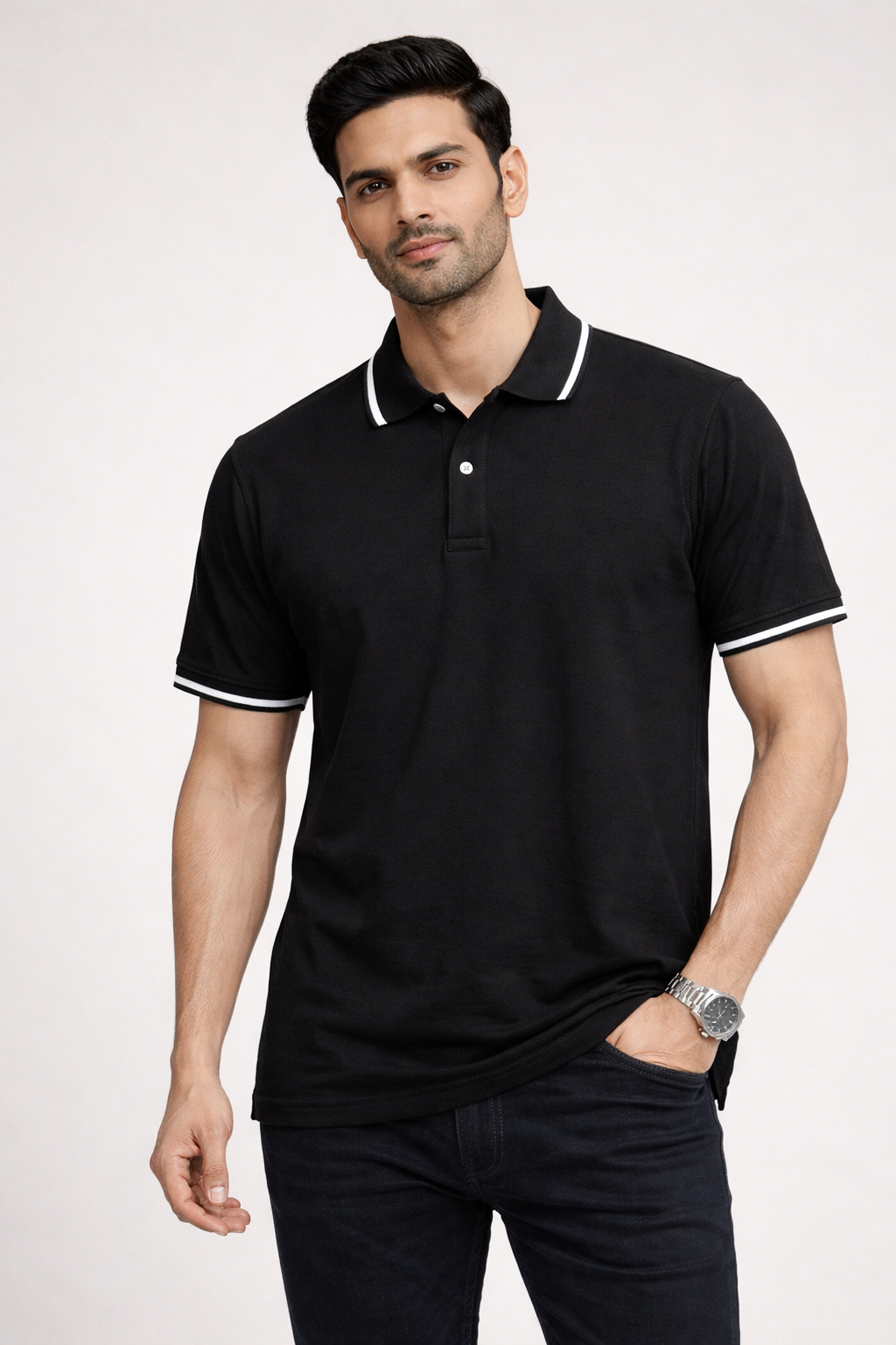 Men’s Black Polo T-Shirt with White Tipped Collar & Sleeves
