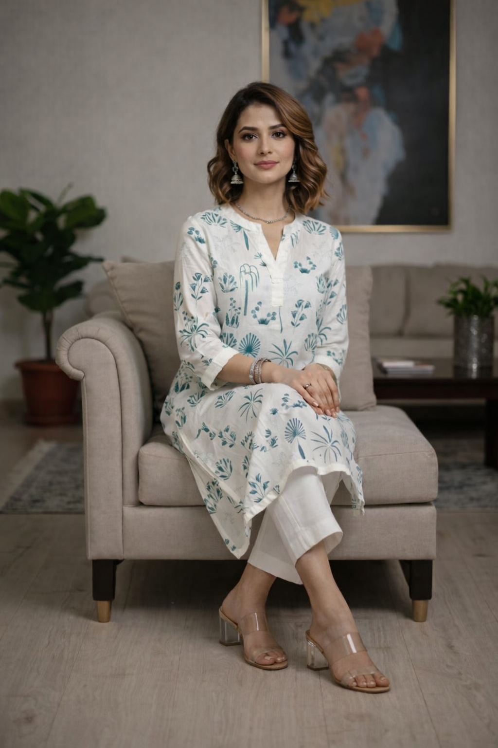 Ivory Teal Botanical Print Straight Kurta Set