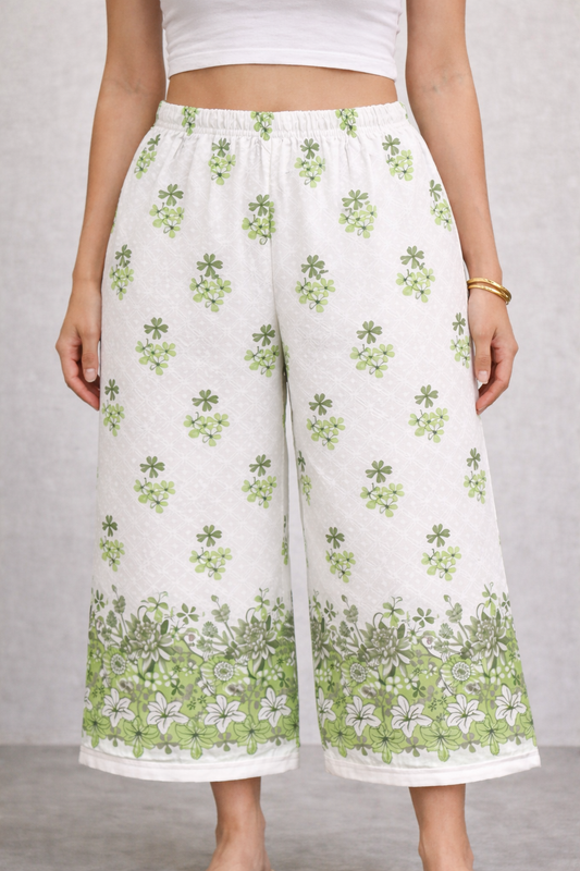Women’s Green Floral Printed Straight-Fit Casual Trousers
