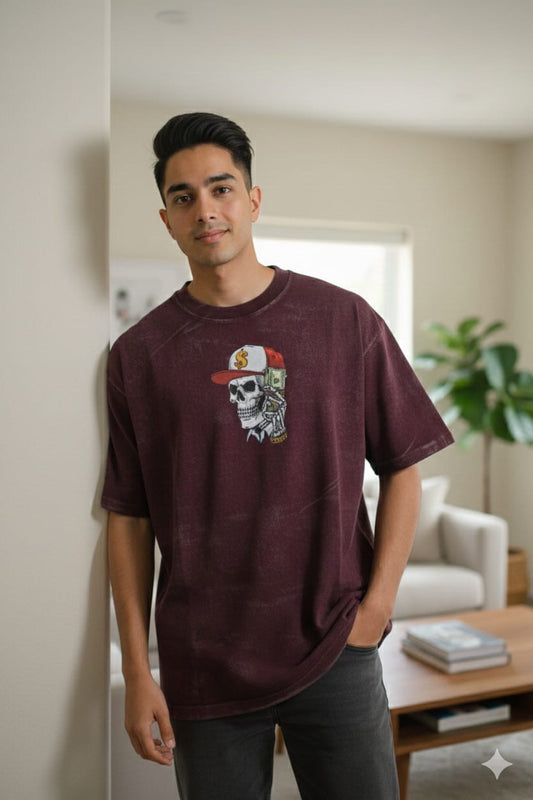 Men’s Burgundy Acid Wash Oversized Graphic T-Shirt – Skull Print