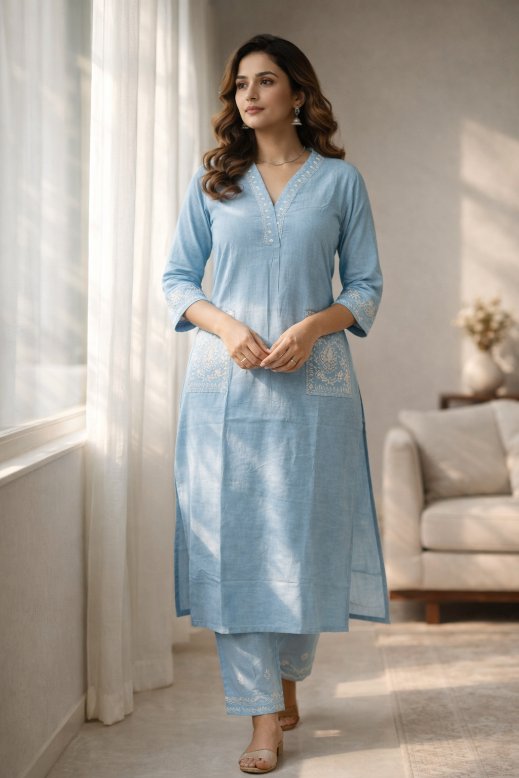 Sky Blue Floral Cotton Kurta Pant Set for Women