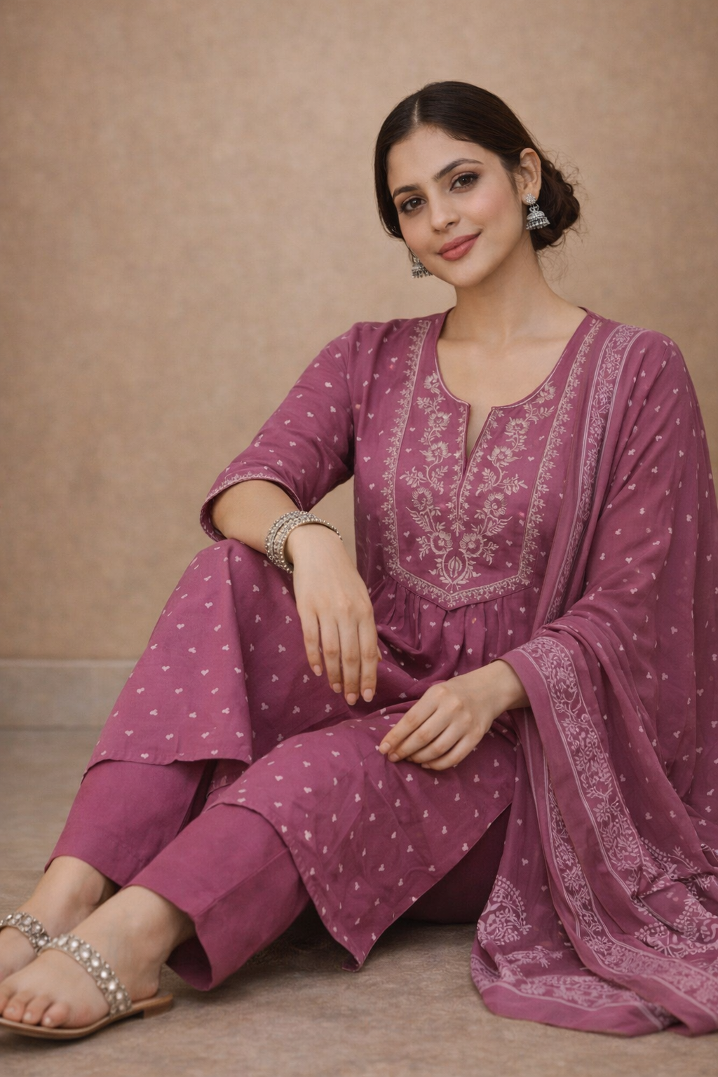 Plum Rose Embroidered Anarkali Kurta Set with Printed Dupatta