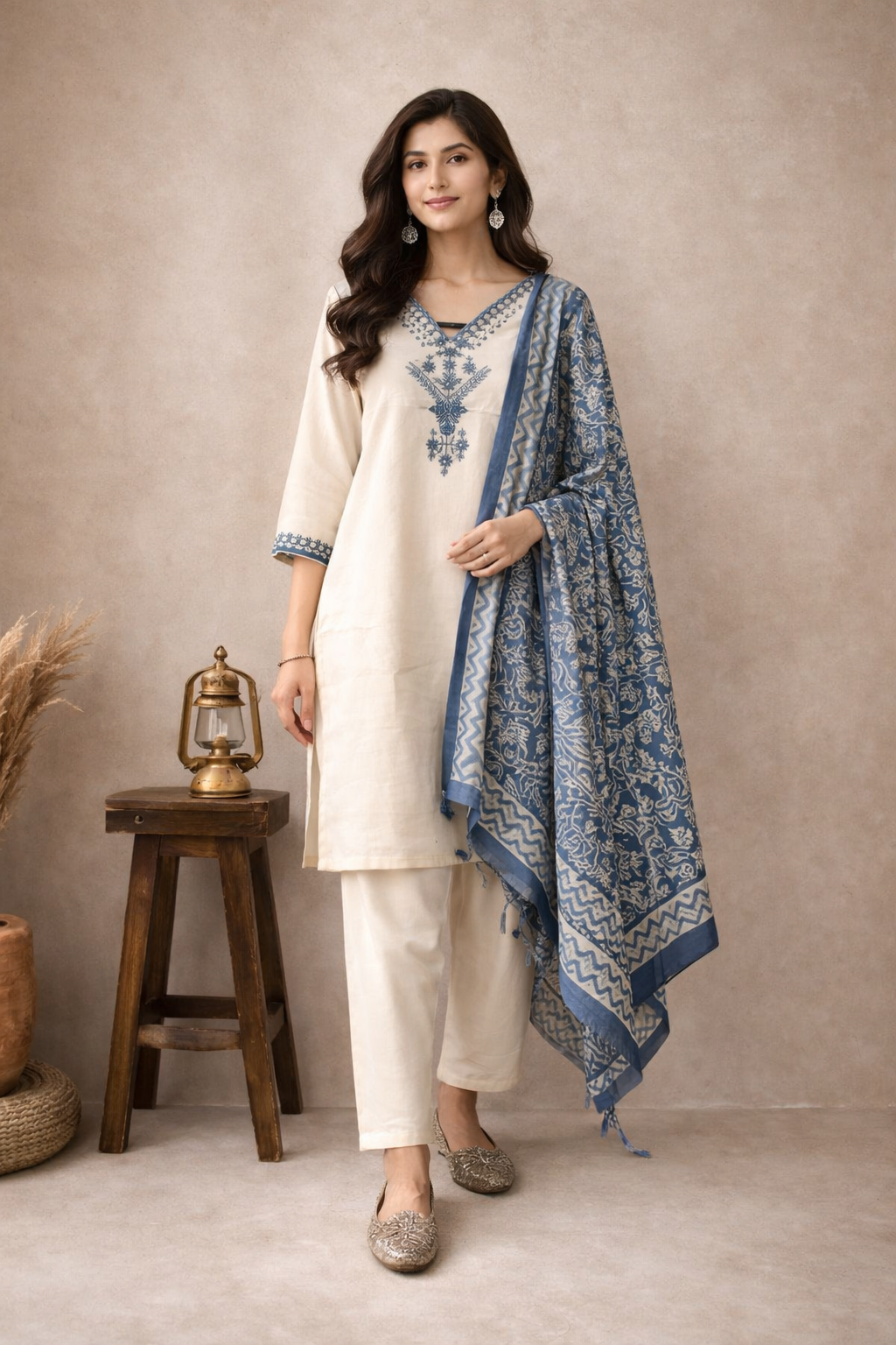 Ivory Blue Hand-Embroidered Kurta Set with Printed Dupatta