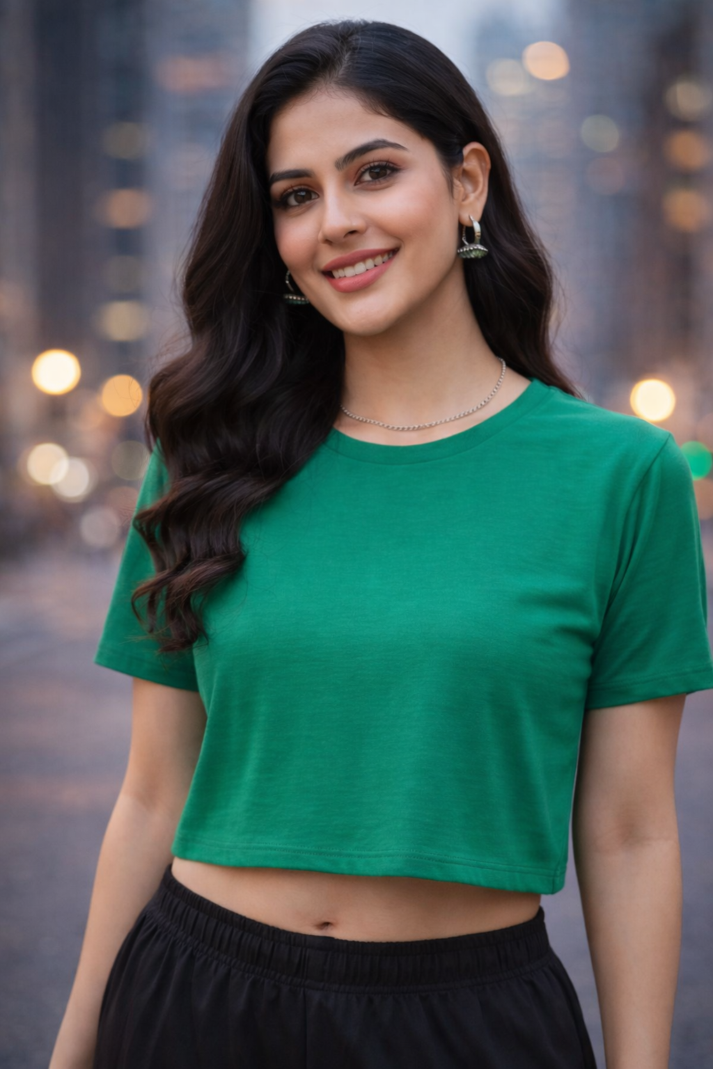 Emerald Green Crew Neck Cotton Crop Top for Women (Casual Streetwear Essential)