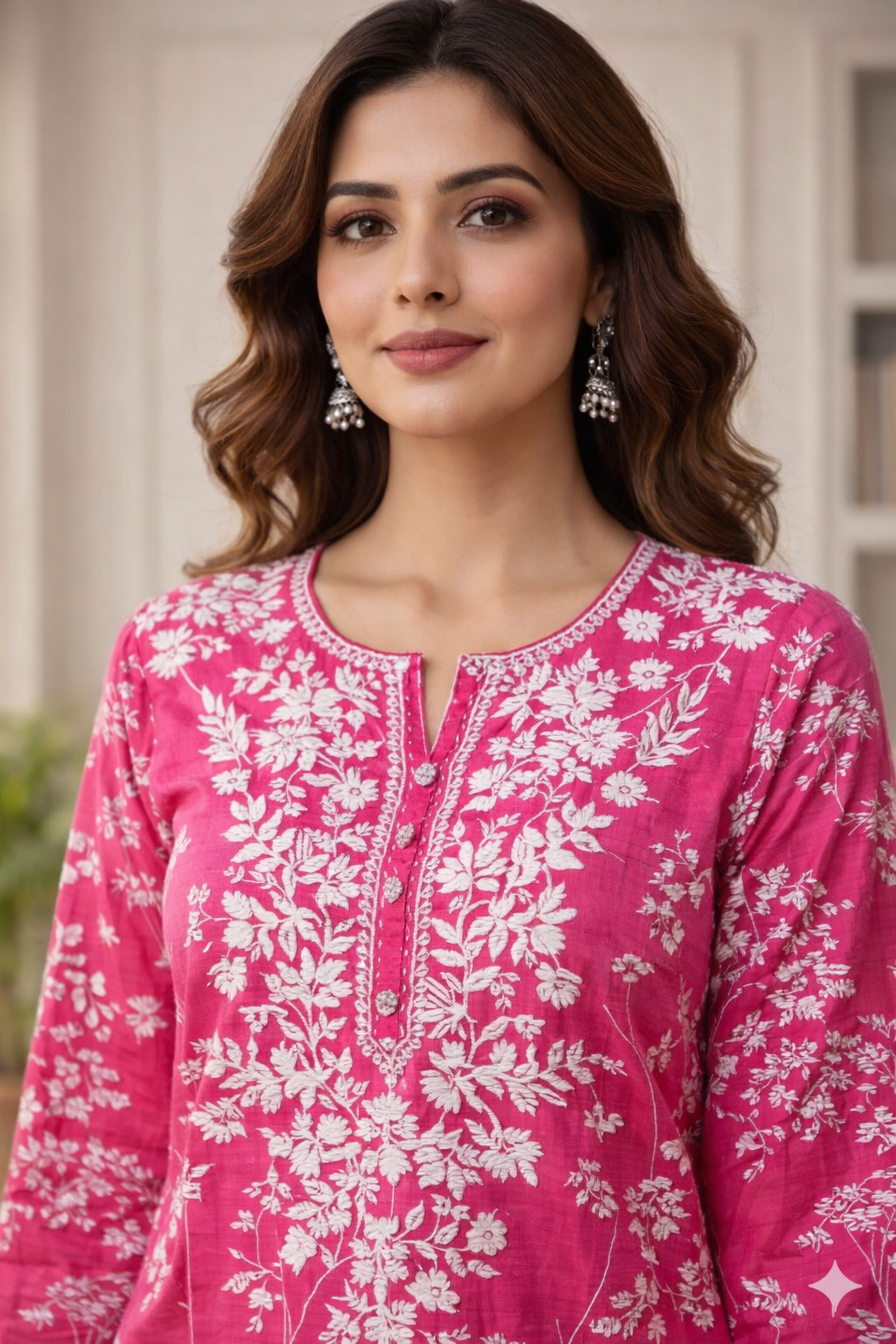 Pink Floral Chikankari Cotton Kurta Set