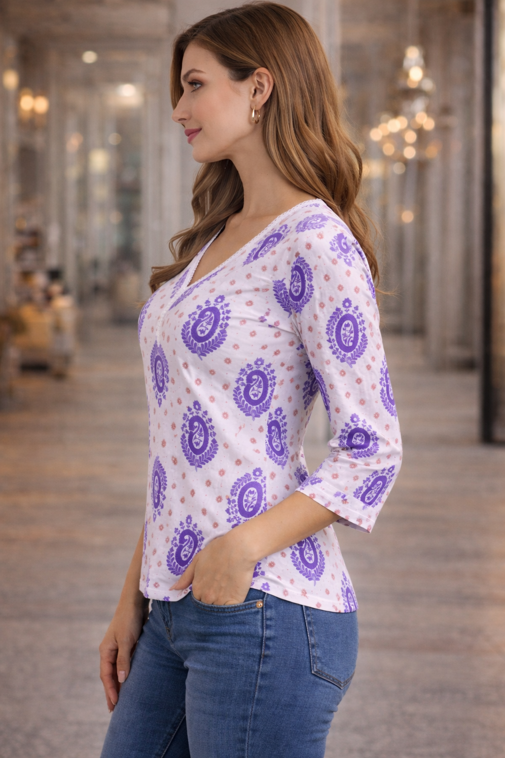 Women’s Printed Cotton Tunic Top – V-Neck, 3/4 Sleeve (White & Royal Purple)