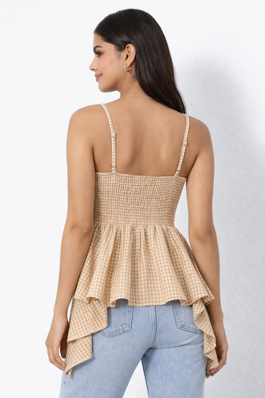 Women Beige Gingham Knot Strap Peplum Top