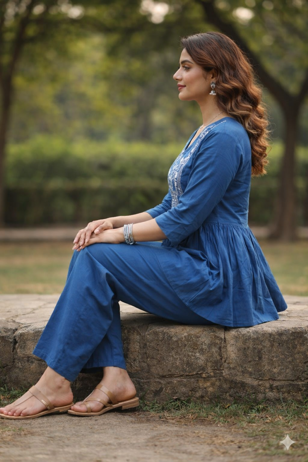 Indigo Bloom Embroidered Cotton Co-ord Set