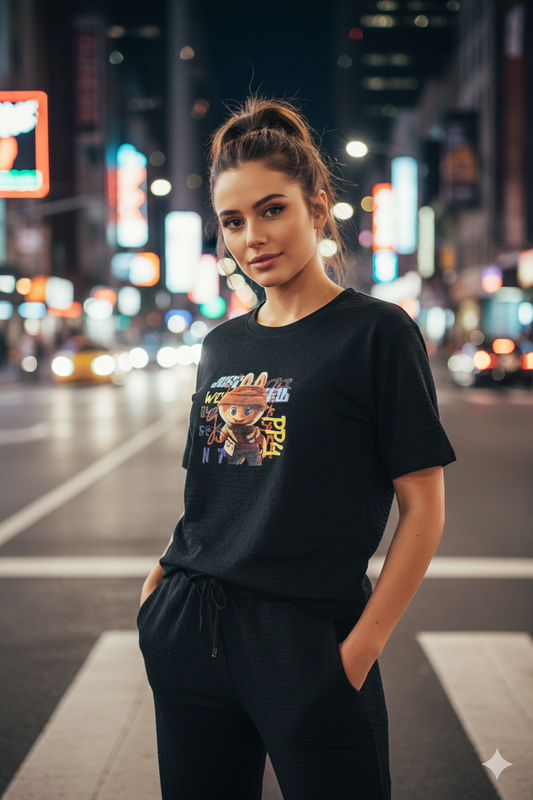 Women’s Black Graphic Lounge Set with T-Shirt & Jogger Pants