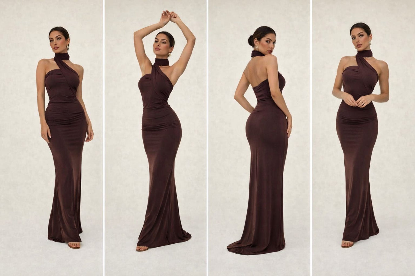 Wine Elegance Halter Neck Ruched Bodycon Gown