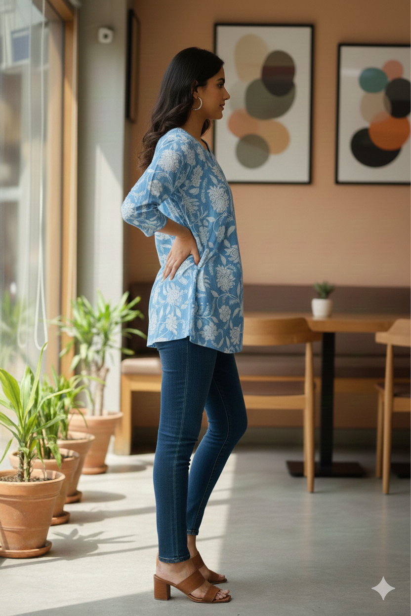 Women’s Floral Printed Cotton Tunic Top – V-Neck, 3/4 Sleeve (Powder Blue)