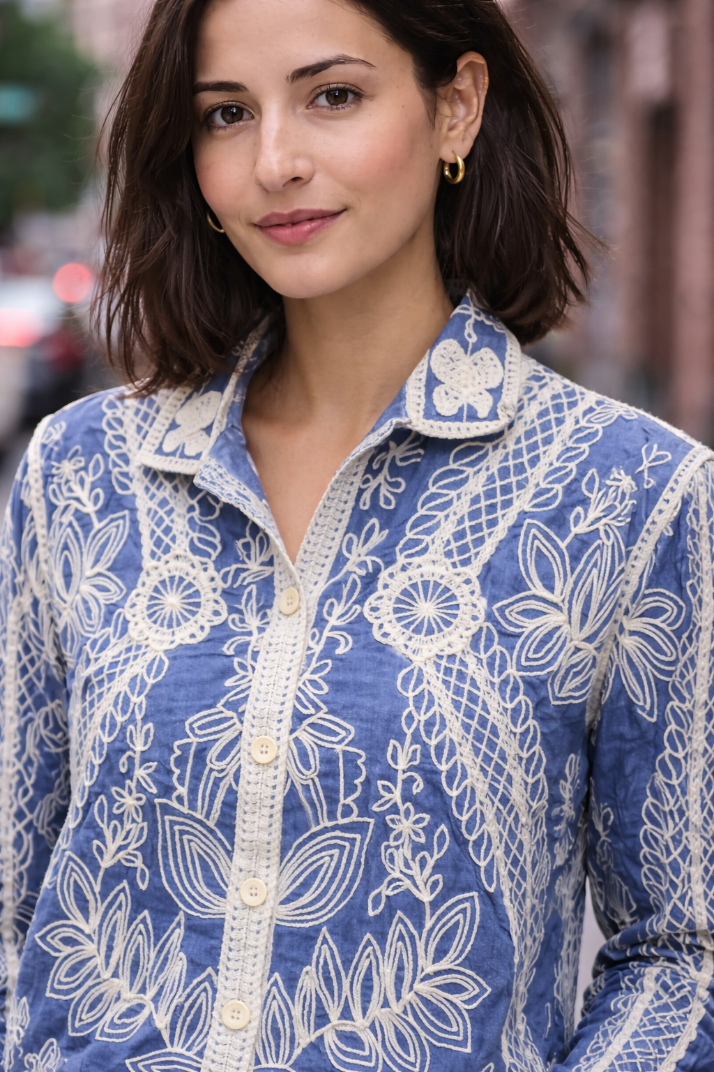 Indigo Blue Floral Embroidered Cotton Jacket Top