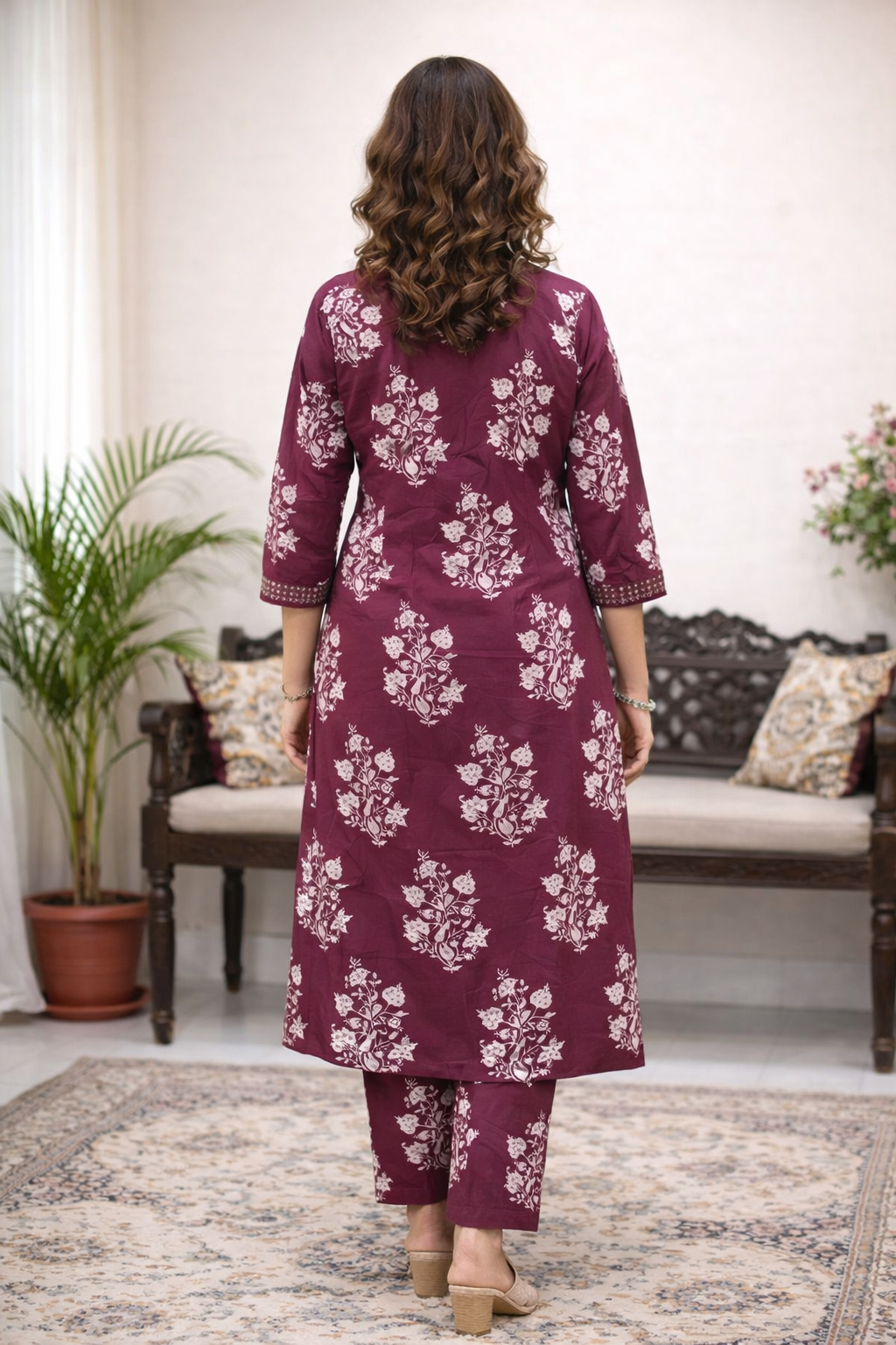 Dark Pink Wine Floral Printed Kurta Set with Dupatta