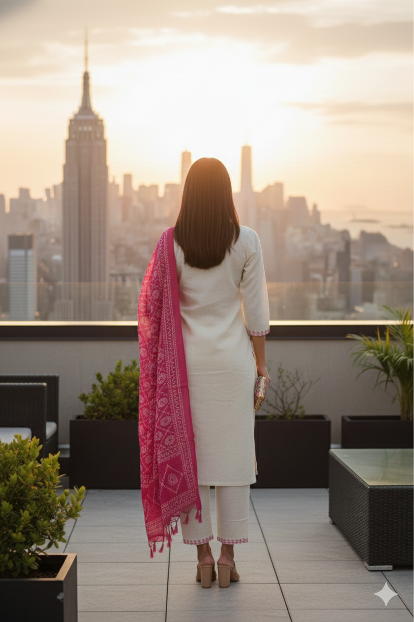 Ivory Pink Embroidered Kurta Set with Bandhani Dupatta