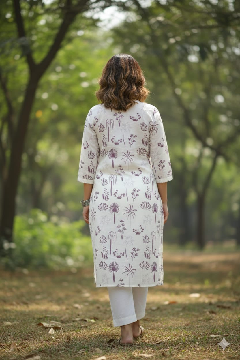 Ivory Lilac Botanical Print Straight Kurta Set