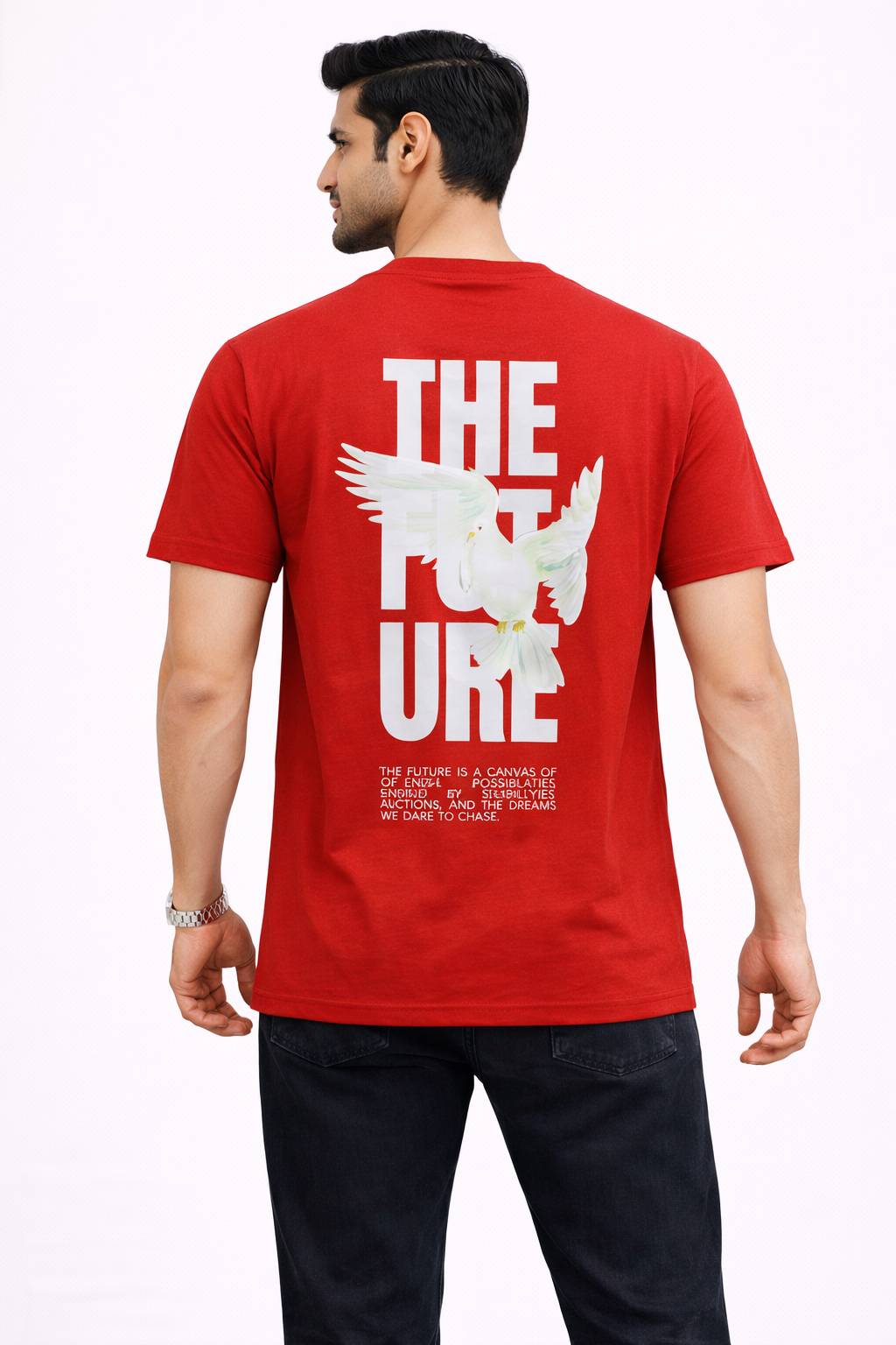 Future Statement Graphic T-Shirt with Dove Print – Motivational Back Print (Red)