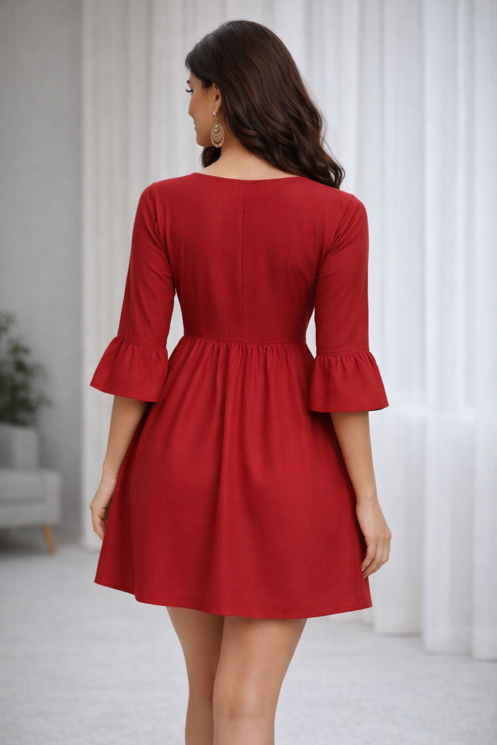 Wine Red Embroidered Empire Waist A-Line Dress with Bell Sleeves