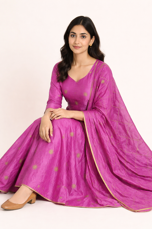 Magenta Chanderi Silk Anarkali Suit Set with Zari Motifs & Dupatta