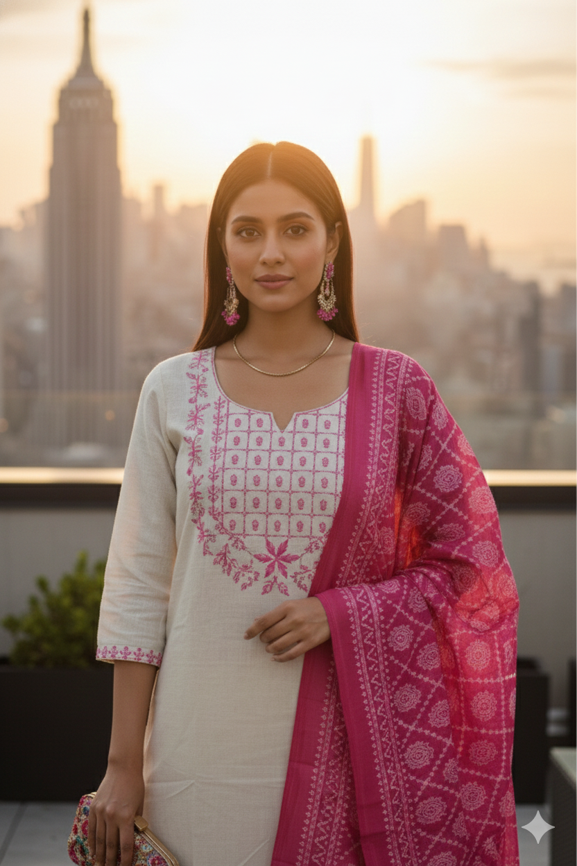 Ivory Pink Embroidered Kurta Set with Bandhani Dupatta