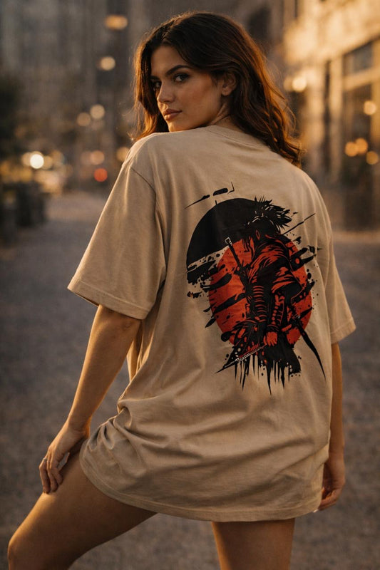 Samurai Back Print Oversized Sand Beige T-Shirt