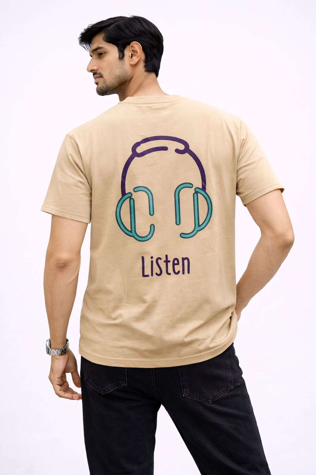 Listen Headphone Minimal Graphic T-Shirt – Back Print (Beige/Tan)
