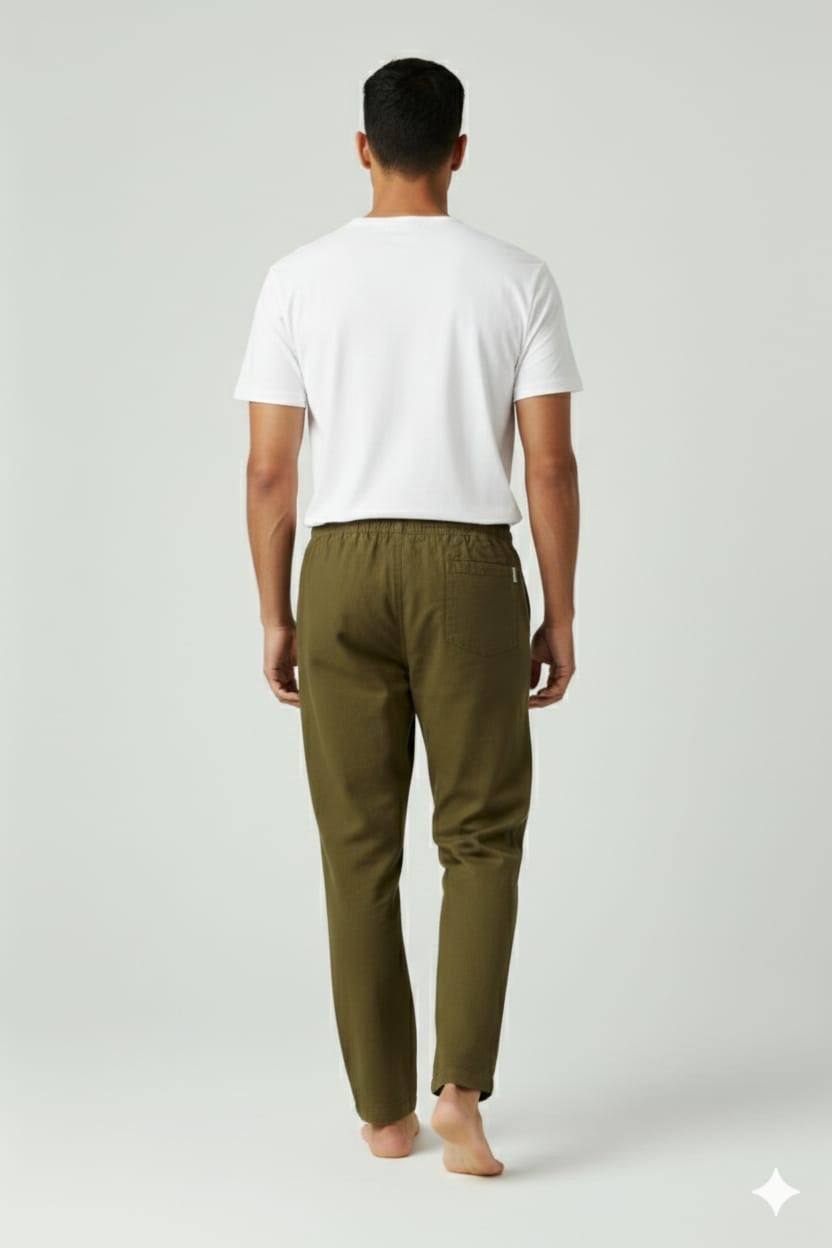 Men’s Olive Green Linen Blend Elastic Waist Pants