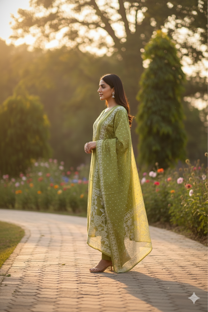 Olive Green Embroidered Kurta Set with Soft Dupatta