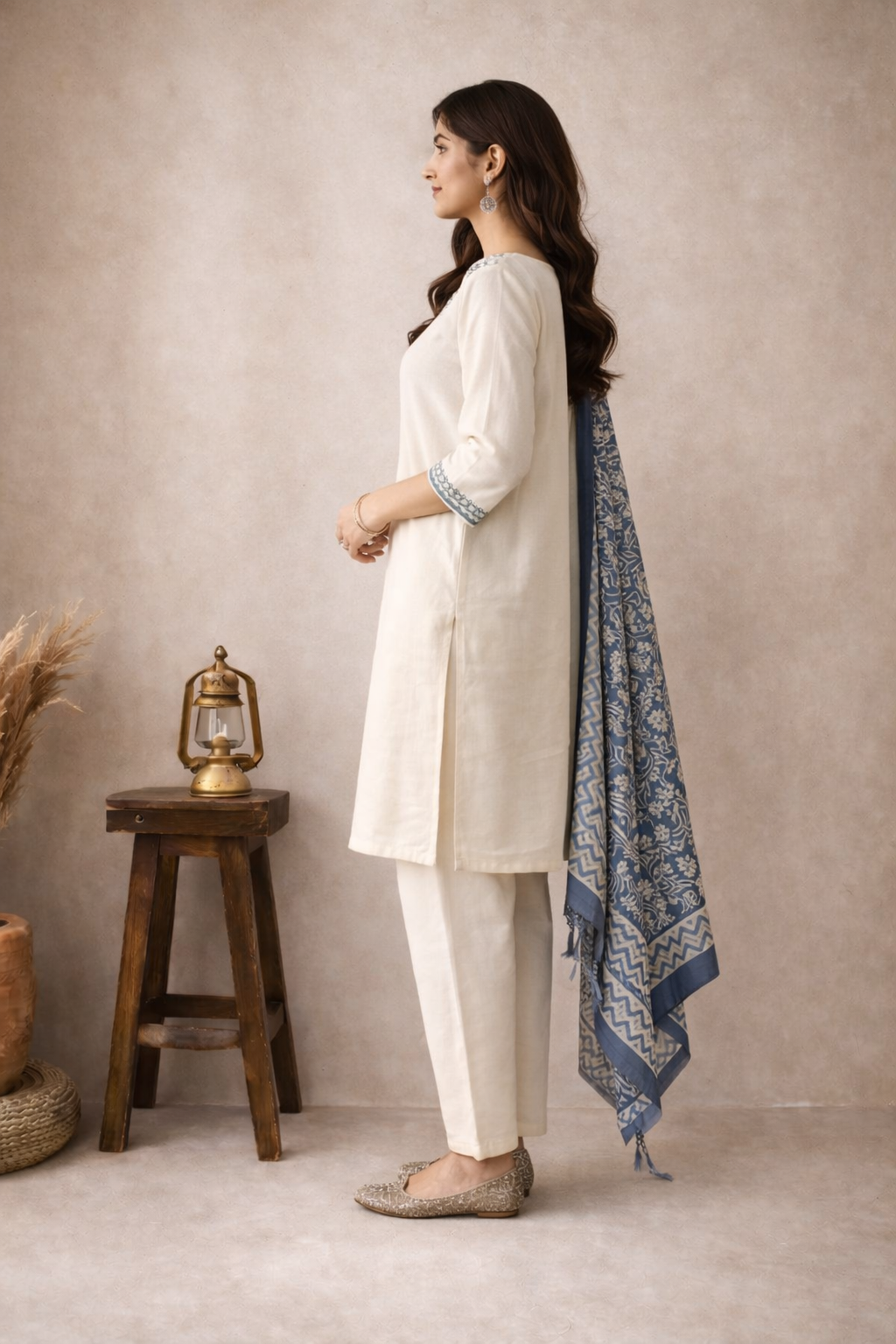 Ivory Blue Hand-Embroidered Kurta Set with Printed Dupatta