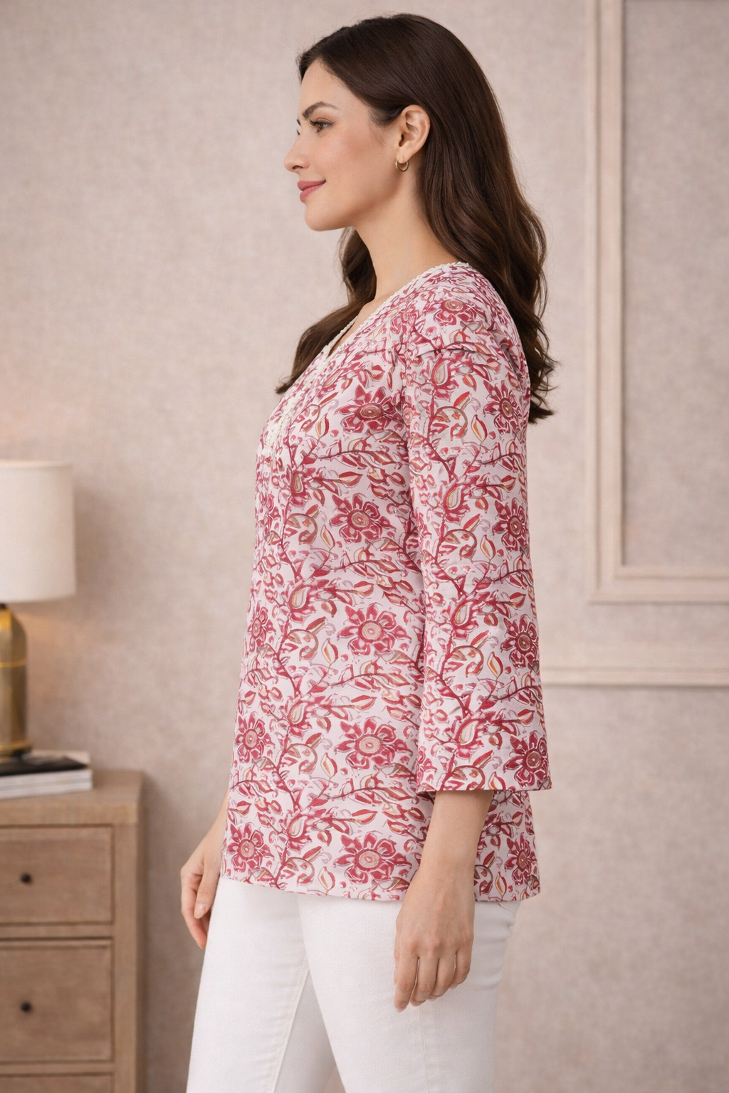 Blush Pink Floral Printed V-Neck Tunic Cotton Top