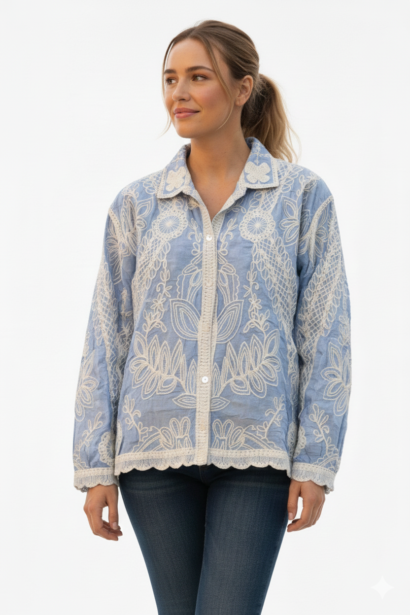 Sky Blue Floral Embroidered Cotton Jacket Top